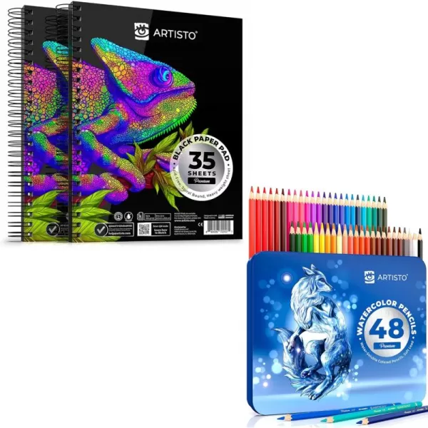 imageARTISTO Black Paper Pads 9x12 ampamp Watercolor Pencils 48 Colors Bundle