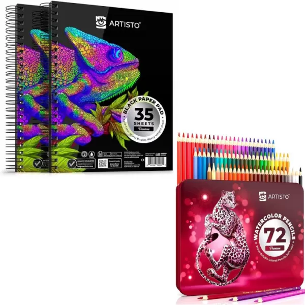 imageARTISTO Black Paper Pads 9x12 ampamp Watercolor Pencils 72 Colors Bundle