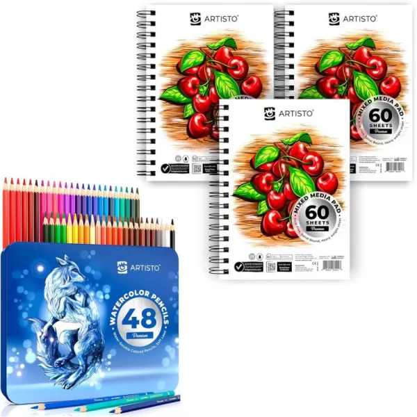 imageARTISTO Mixed Media Sketchbooks 55x85 ampamp Watercolor Pencils 48 Colors Bundle