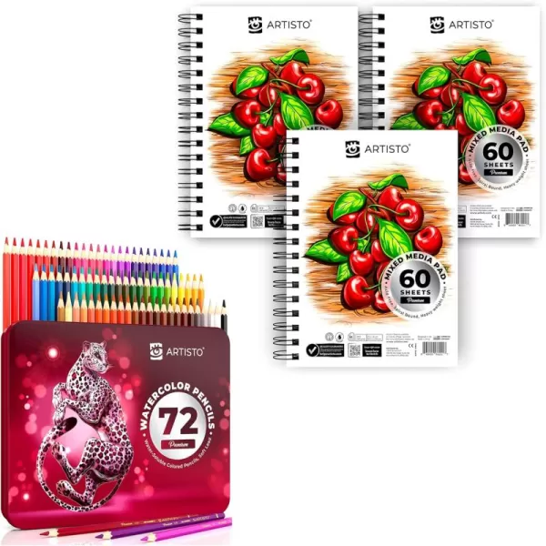 imageARTISTO Mixed Media Sketchbooks 55x85 ampamp Watercolor Pencils 72 Colors Bundle