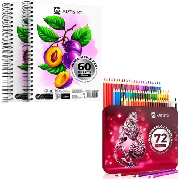 imageARTISTO Mixed Media Sketchbooks 9x12 ampamp Watercolor Pencils 72 Colors Bundle