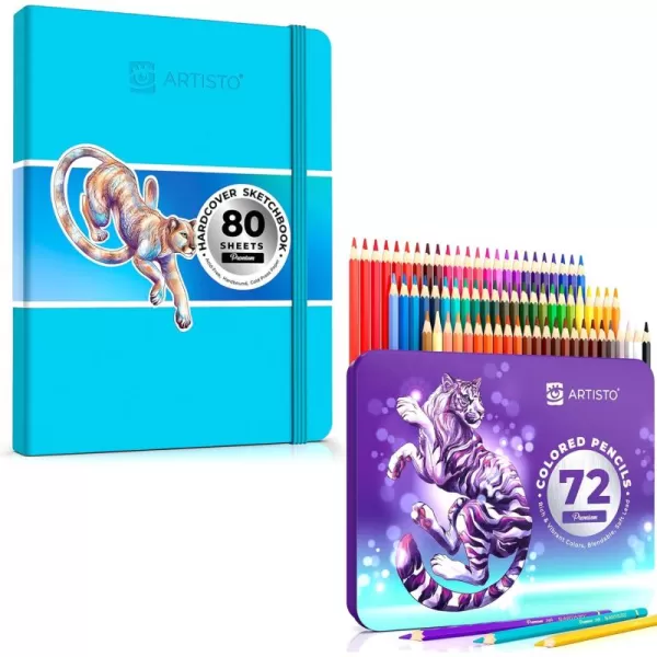 imageARTISTO Premium Hardcover Sketchbook 85x11 ampamp Colored Pencils 72 Colors Bundle