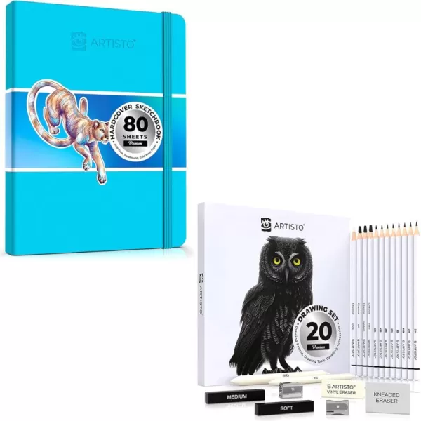 imageARTISTO Premium Hardcover Sketchbook 85x11 ampamp Sketching Art Set 20 Items Bundle