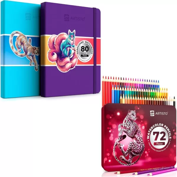 imageARTISTO Premium Hardcover Sketchbook 85x11 ampamp Watercolor Pencils 72 Colors Bundle
