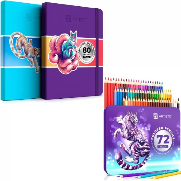 imageARTISTO Premium Hardcover Sketchbooks 85x11 ampamp Colored Pencils 72 Colors Bundle