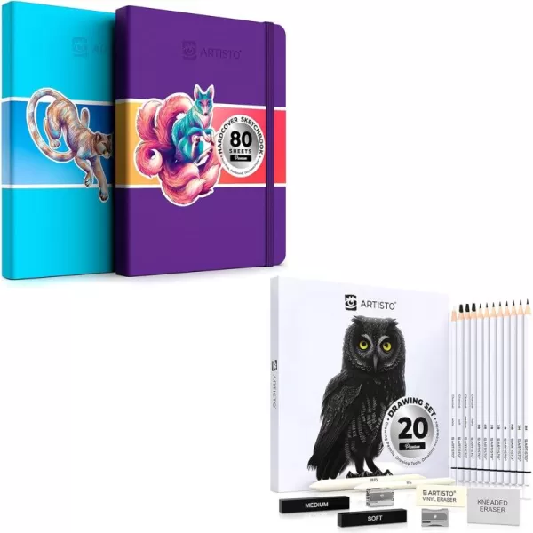 imageARTISTO Premium Hardcover Sketchbooks 85x11 ampamp Sketching Art Set 20 Items Bundle