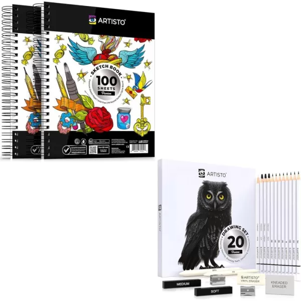 imageARTISTO Sketching Pads 9x12 ampamp Sketching Art Set 20 Items Bundle