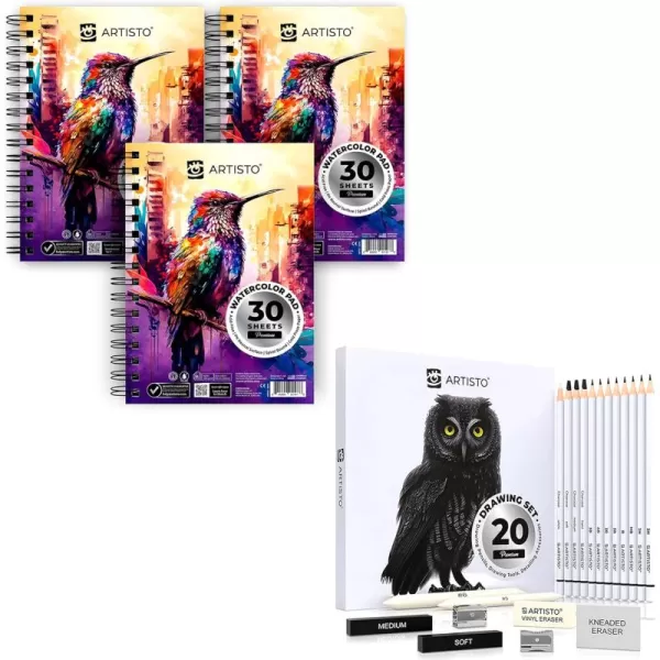 imageARTISTO Watercolor Pads 55x85 ampamp Sketching Art Set 20 Items Bundle