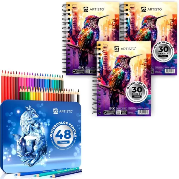 imageARTISTO Watercolor Pads 55x85 ampamp Watercolor Pencils 48 Colors Bundle