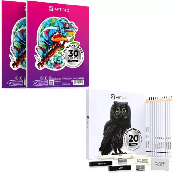 imageARTISTO Watercolor Pads 9x12 ampamp Sketching Art Set 20 Items Bundle