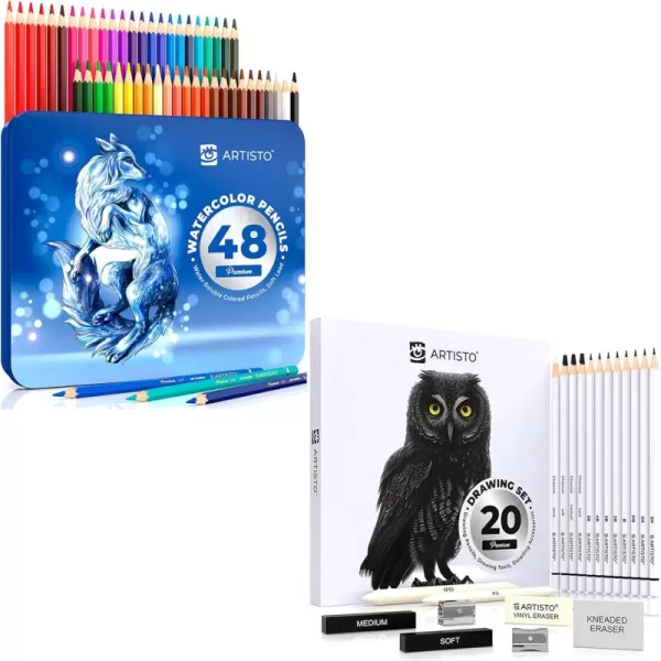 imageArtisto Watercolor Pencils 48 colors ampamp Sketching Art Set 20 items Bundle