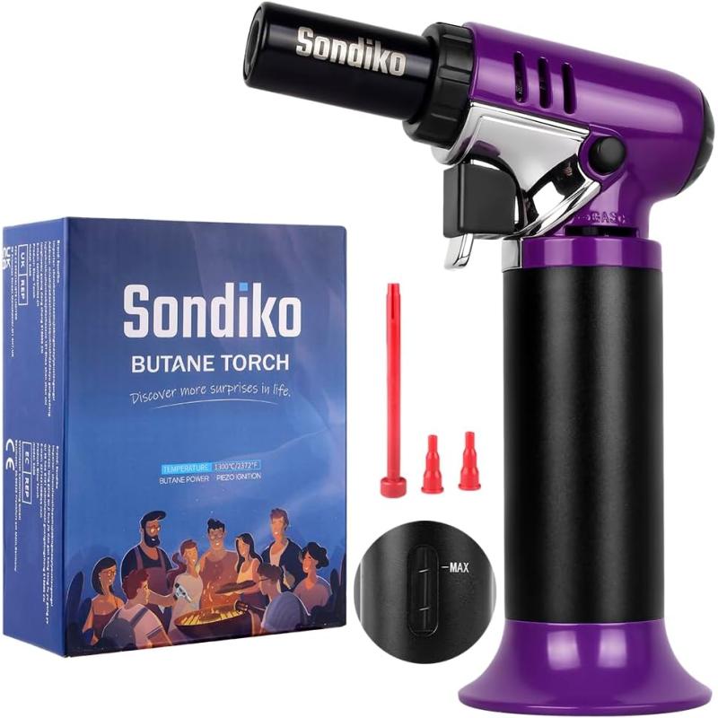 imageSondiko Butane Torch with Fuel Gauge S907 Refillable Soldering Torch Lighter with Adjustable Flame for Welding Resin Art IndustrialButane Gas Not IncludedPurple  Black
