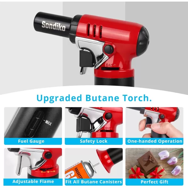 imageSondiko Butane Torch with Fuel Gauge S907 Refillable Soldering Torch Lighter with Adjustable Flame for Welding Resin Art IndustrialButane Gas Not IncludedRed  Black