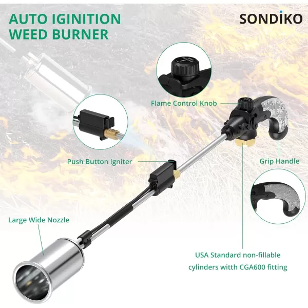 imageSondiko Propane Torch Weed Burner High Output 1200000 BTU Weed Torch Flamethrower Heavy Duty Blow Torch with Flame Control and Turbo Trigger Push Button Igniter For Garden Wood Ice Snow RoadBlack  Silver