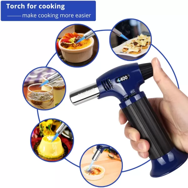 imageSondiko Butane Torch S400 Refillable Kitchen Torch Lighter Fit All Butane Tanks Blow Torch with Safety Lock and Adjustable Flame for Desserts Creme Brulee and BakingButane Gas Is Not IncludedBlue  Black