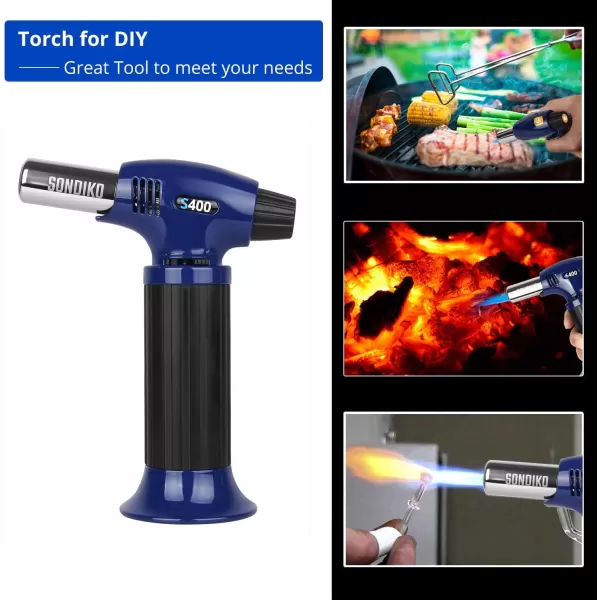 imageSondiko Butane Torch S400 Refillable Kitchen Torch Lighter Fit All Butane Tanks Blow Torch with Safety Lock and Adjustable Flame for Desserts Creme Brulee and BakingButane Gas Is Not IncludedBlue  Black