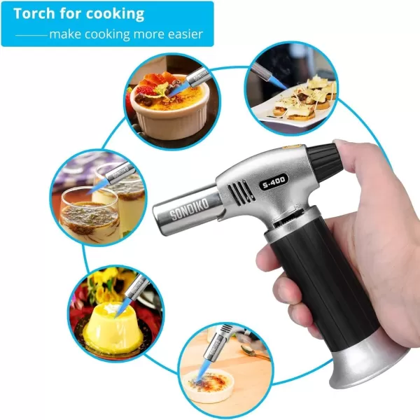 imageSondiko Butane Torch S400 Refillable Kitchen Torch Lighter Fit All Butane Tanks Blow Torch with Safety Lock and Adjustable Flame for Desserts Creme Brulee and BakingButane Gas Is Not IncludedBlacksilver