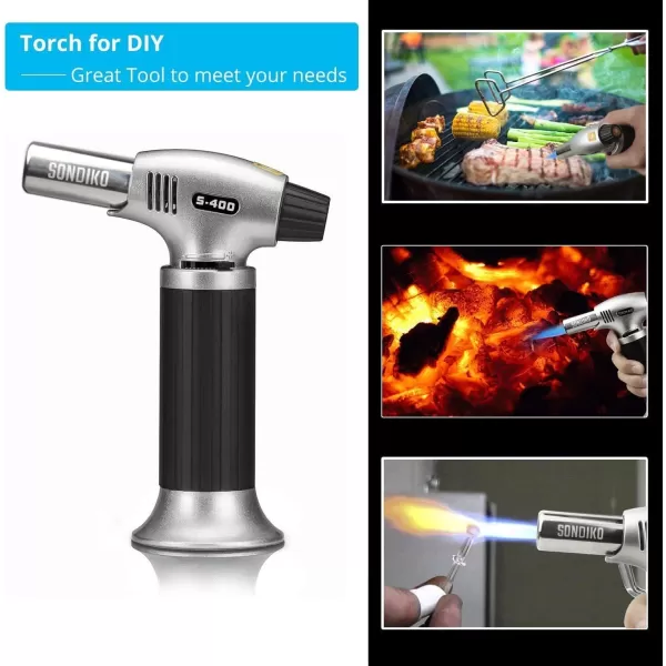 imageSondiko Butane Torch S400 Refillable Kitchen Torch Lighter Fit All Butane Tanks Blow Torch with Safety Lock and Adjustable Flame for Desserts Creme Brulee and BakingButane Gas Is Not IncludedBlacksilver