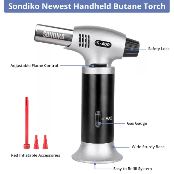 imageSondiko Butane Torch S400 with Fuel Gauge 2022 Refillable Kitchen Torch Lighter Blow Torch with Safety Lock and Adjustable Flame for Creme Brulee  Butane Gas Is Not Included
