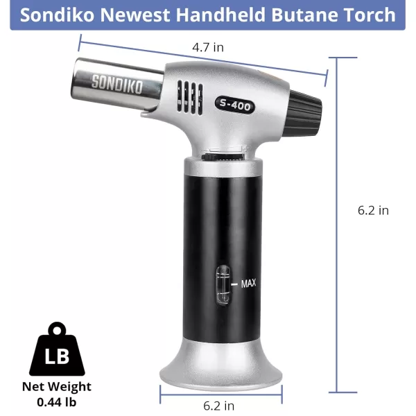 imageSondiko Butane Torch S400 with Fuel Gauge 2022 Refillable Kitchen Torch Lighter Blow Torch with Safety Lock and Adjustable Flame for Creme Brulee  Butane Gas Is Not Included