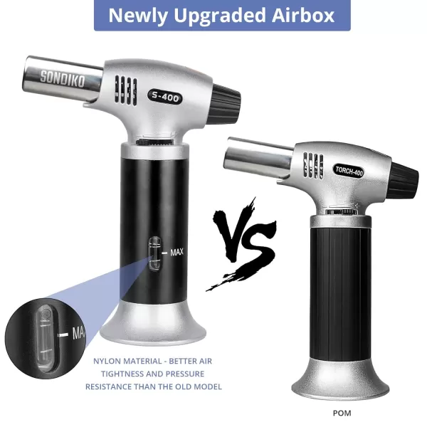 imageSondiko Butane Torch S400 with Fuel Gauge 2022 Refillable Kitchen Torch Lighter Blow Torch with Safety Lock and Adjustable Flame for Creme Brulee  Butane Gas Is Not Included