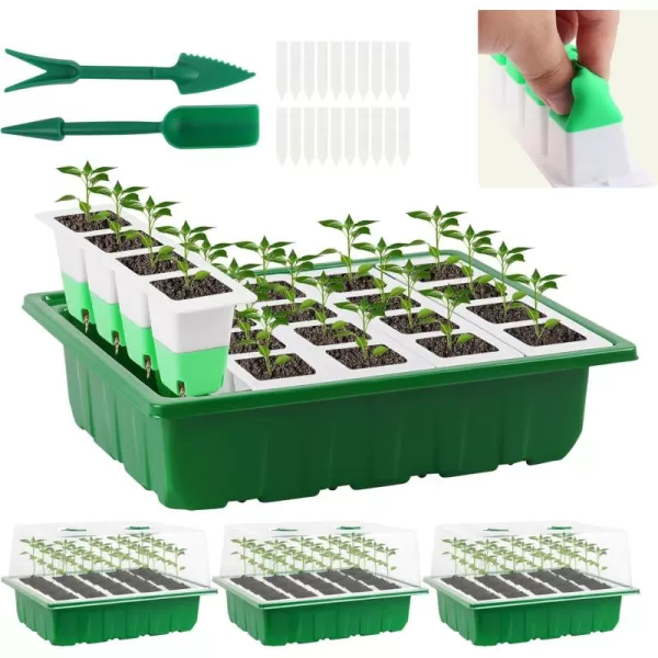 imageSondiko Seed Starter Tray with Soft Silicone Cells 80 Cells Seedling Trays Seed Startering Kit 4 Pack Plant Starter Trays with Humidity Dome Base Mini Greenhouse Germination KitGreen