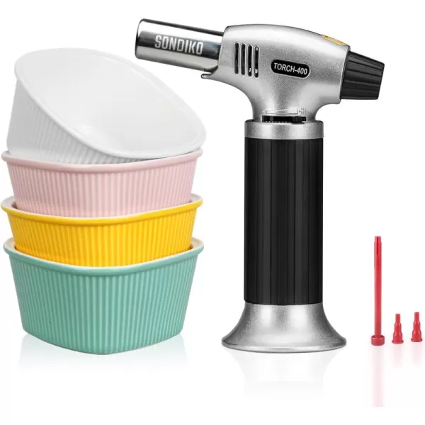 imageSondiko Creme Brulee Torch Chef Tools Butane Torch S400 with Porcelain Ramekins Set Creme Brulee Kit for Baking Souffle Ice Cream Oven Safe to 450F Set of 4 ColorfulWhite  Yellow  Pink  Teal