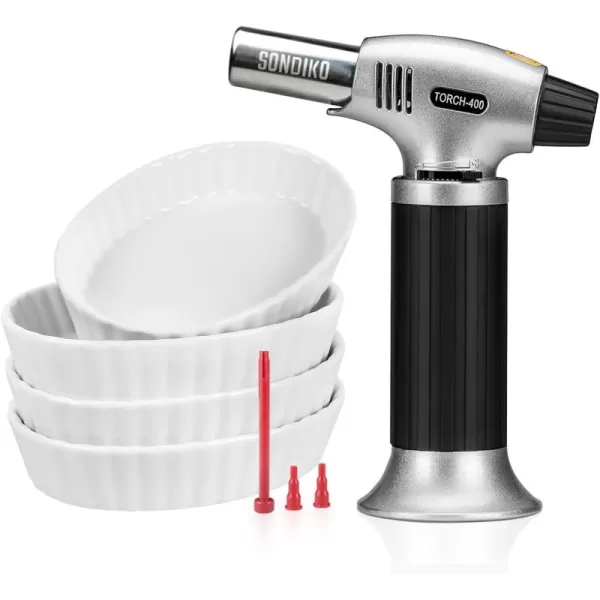 imageSondiko Creme Brulee Torch Chef Tools Butane Torch S400 with Porcelain Ramekins Set Creme Brulee Kit for Baking Souffle Ice Cream Oven Safe to 450F Set of 4 ColorfulWhite