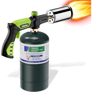 imageSondiko Powerful Grill ampamp Cooking Propane Torch L8010 with Gas Cylinder Stand Base Sous Vide Campfire Starter Adjustable Wood Torch Burner for Searing Steak BBQ Welding Propane Tank Not IncludedGreen  Black