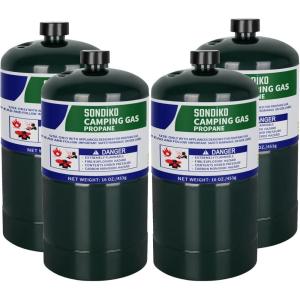 imageSondiko Propane Tank 4 Pack High Purity 1LB Propane Cylinder Tank 16 oz Factory Prefilled and DOT Compliant Premium Propane to Broil Sous Vide for Welding Brazing Soldering