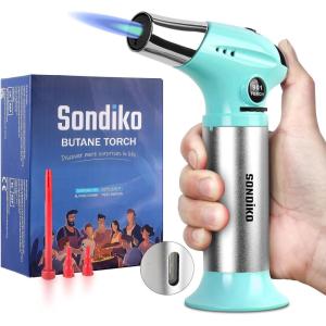 imageSondiko Blow Torch Refillable Butane Torch Lighter with Adjustable Flame for Creme Brulee DIY Creme Brulee BBQ and Baking Butane Gas Not Included 2 PackBlue and Silver