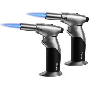 imageSondiko Powerful DUAL Style Flame Butane Torch Lighter 2 Pack Adjustable Flame Refillable Blow Torch with Continuous Flame Lock for CookingButane Is Not IncludedSilver  Black 2 Pack