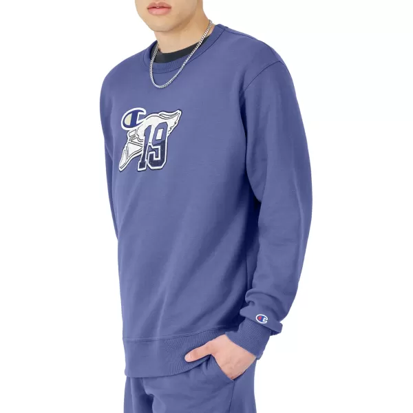 imageChampion Mens Powerblend Fleece Crew Block OutlineStone Crush Blue Winged Foot Patch