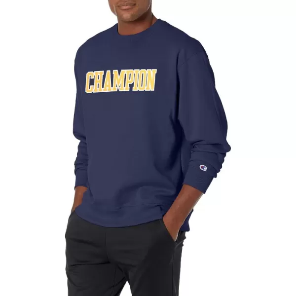 imageChampion Mens Powerblend Fleece Crew Block OutlineAthletic NavyForsythia Block Outline