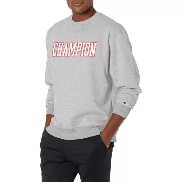 imageChampion Mens Powerblend Fleece Crew Block OutlineOxford GreyNew Ripe Red Block Outline