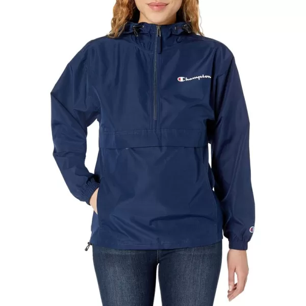 imageChampion Womens Packable WaterResistant Windbreaker JacketAthletic Navy Small Script