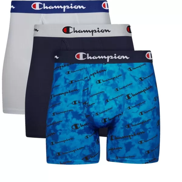 imageUnderwear Boxer Briefs Everyday Active Lightweight Stretch 3packBlue Print With Champion LogoNavySilverstone  3 Pack