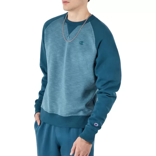 imageChampion Mens Crewneck Powerblend Fleece Sweatshirt Crewneck Sweatshirts Reg Or Big ampamp TallMetallic Teal Stripe C Logo