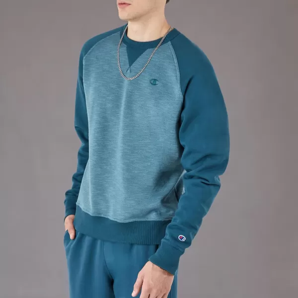 imageChampion Mens Crewneck Powerblend Fleece Sweatshirt Crewneck Sweatshirts Reg Or Big ampamp TallMetallic Teal Stripe C Logo