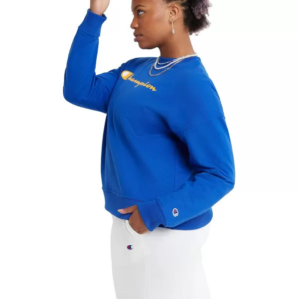 imageChampion Womens Crewneck Sweatshirt Powerblend Fleece Sweatshirt Best Sweatshirt for Women Plus Size AvailableDeep Dazzling Blue Script