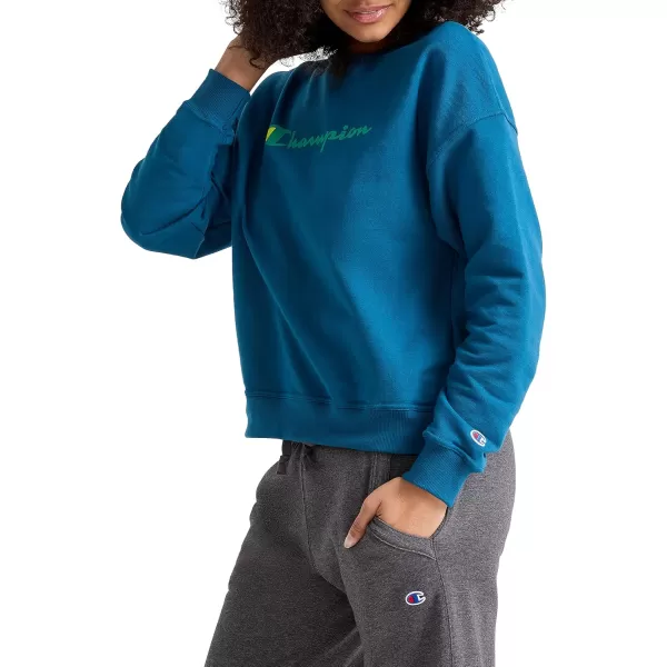 imageChampion Womens Crewneck Sweatshirt Powerblend Fleece Sweatshirt Best Sweatshirt for Women Plus Size AvailableFresh Teal Script