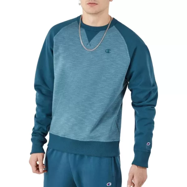 imageChampion Mens Crewneck Powerblend Fleece Sweatshirt Crewneck Sweatshirts Reg Or Big ampamp TallMetallic Teal Stripe C Logo