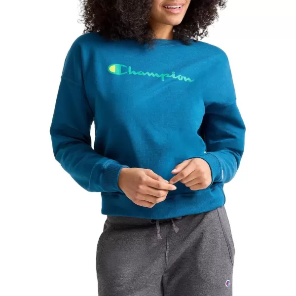 imageChampion Womens Crewneck Sweatshirt Powerblend Fleece Sweatshirt Best Sweatshirt for Women Plus Size AvailableFresh Teal Script