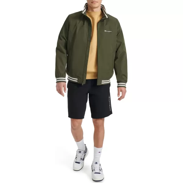 imageChampion Mens Water Resistant Varsity Bomber Jacket with Flex Stand CollarForest Night