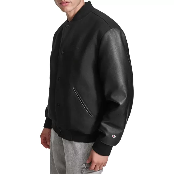 imageChampion Mens Letterman Varsity Bomber Jacket with Faux Leather SleevesBlack