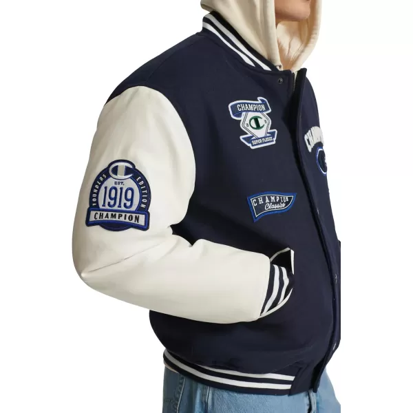 imageChampion Mens Letterman Varsity Bomber Jacket with PatchesNavyWhite
