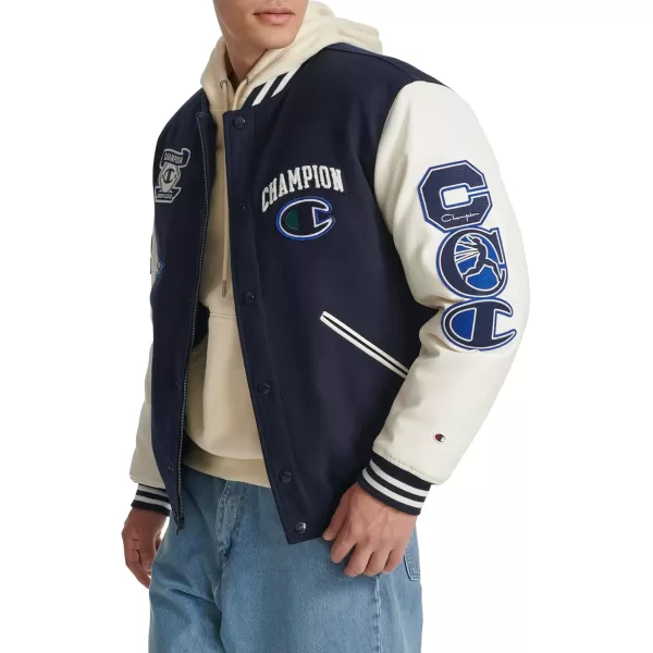 imageChampion Mens Letterman Varsity Bomber Jacket with PatchesNavyWhite