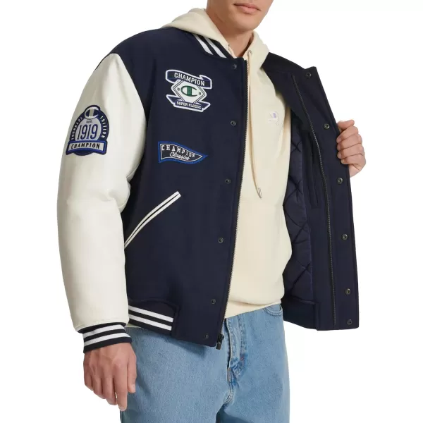 imageChampion Mens Letterman Varsity Bomber Jacket with PatchesNavyWhite