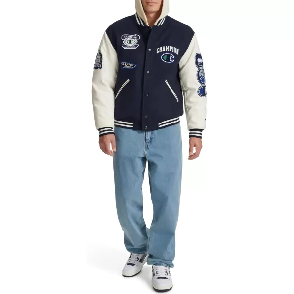 imageChampion Mens Letterman Varsity Bomber Jacket with PatchesNavyWhite