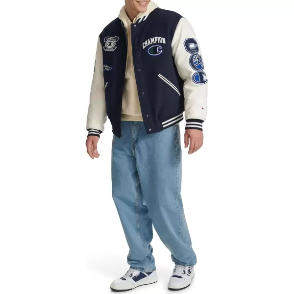 imageChampion Mens Letterman Varsity Bomber Jacket with PatchesNavyWhite